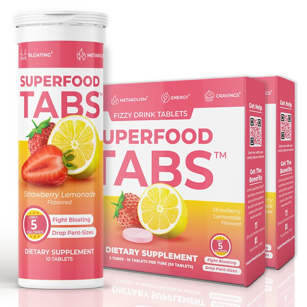 Superfood Tabs Superfoods Company Detox Cleanse Drink - Συμπλήρωμα για γυναίκες & άνδρες - Υποστήριξη Υγιεινού Βάρος, Επιπεφυκτικού Υγιεινής, Καβουριών & Ανακούφιση - Λεμονάδα Φράουλα Γεύση [60 Tablets]