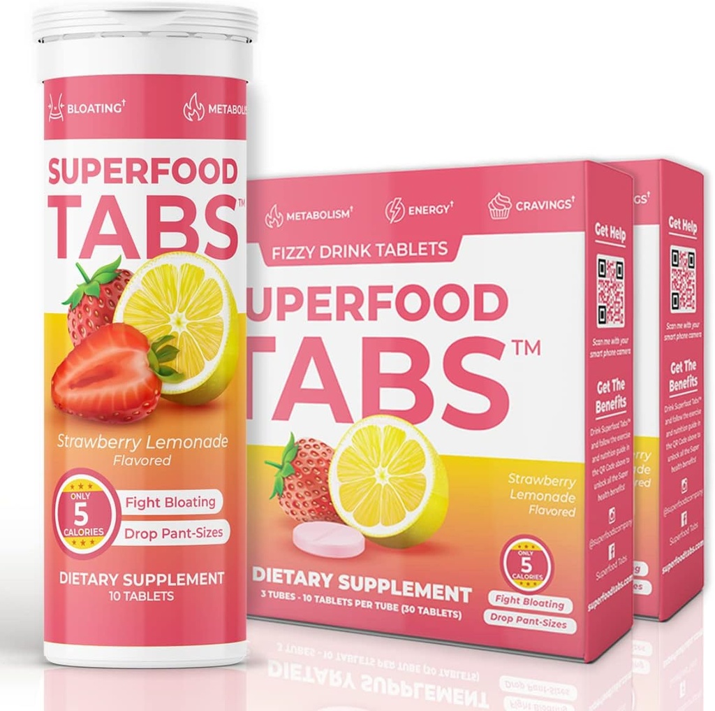 Superfood Tabs Superfoods Company Detox Cleanse Drink - Supplement for Women & Men - Sağlıklı Kilo, Digestive Health, Cravings & Bloating Relief - Strawberry Lemonade Flavor [60 Tabletler]