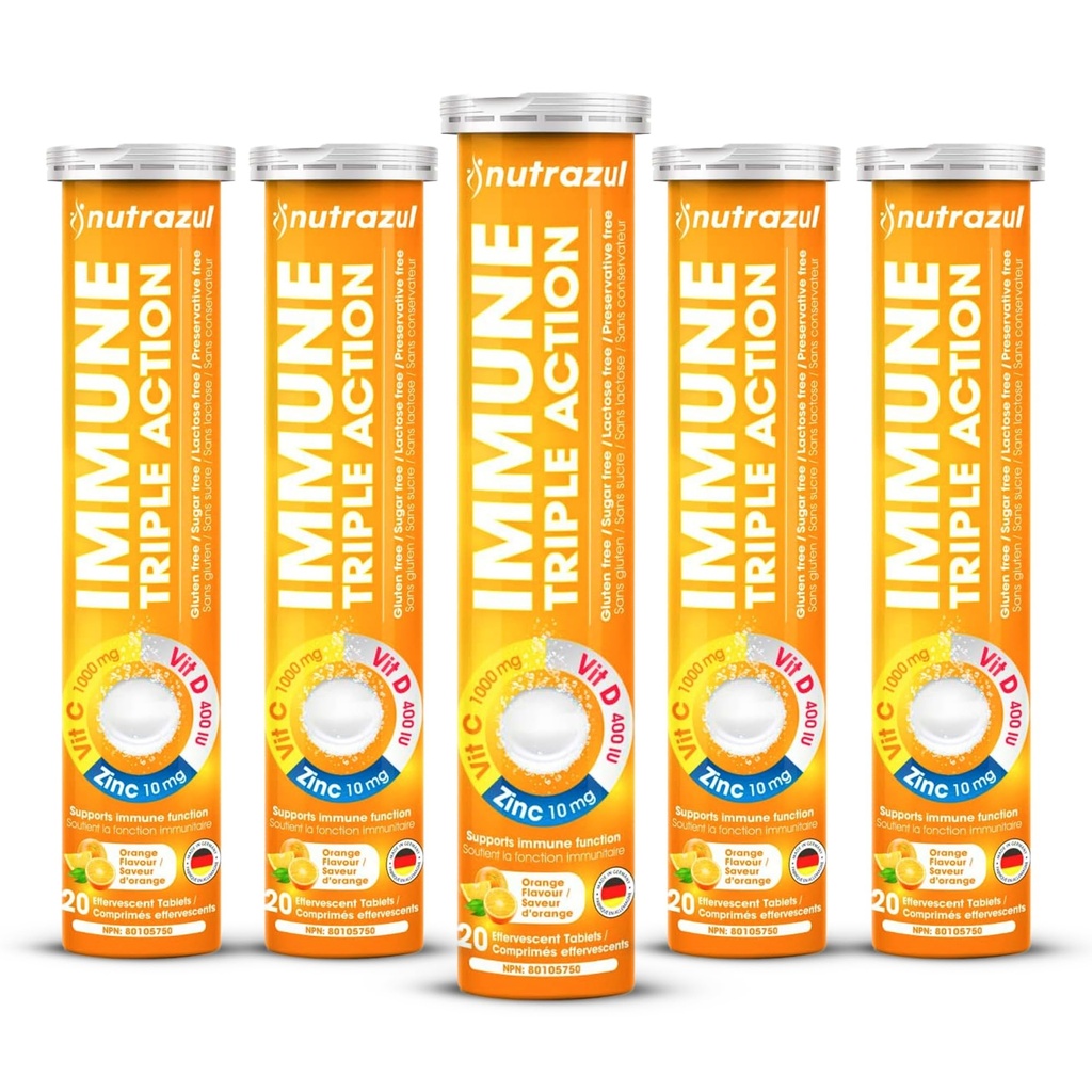 Esterazul Immune Triple Action Effervescent Tabletleri C 1000 mg, Vitamin D, çinko, Destek Günlük Routine, Gluten-Free, Sugar-Free, Lactose-Free, Orange Flavor, 20 Tabletler (Pax20)