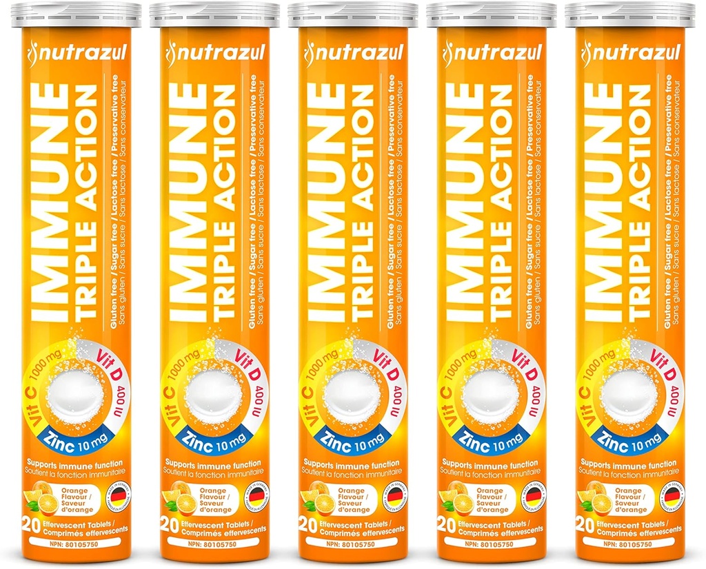 Zarazul Immune Triple Action Effervescent Tabletler - C 1000 mg, D 400 IU, çinko 10 mg I Orange ( 5X20) | Gluten Free, Sugar Free, Lactose Free & Preservative Free, Lactose Free & Preservative Free