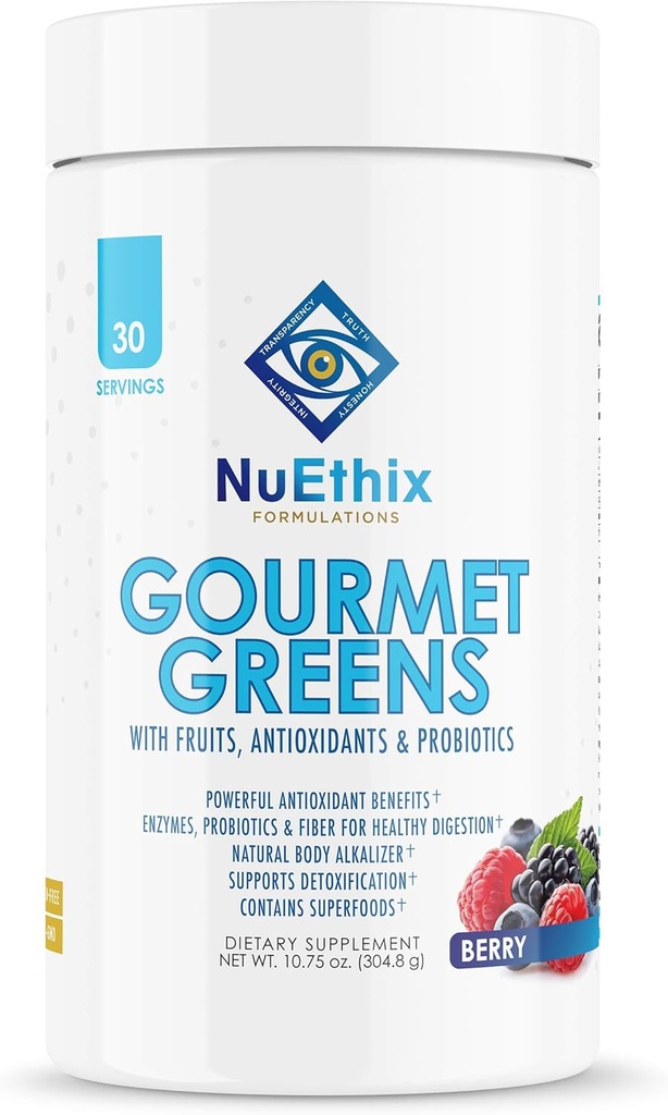 NuEthix Formulations Gourmet Greens Drink Powder Συμπλήρωμα διατροφής με φρούτα και λαχανικά Superfoods και προβιοτικά, μούρο, 30 υπηρεσίες