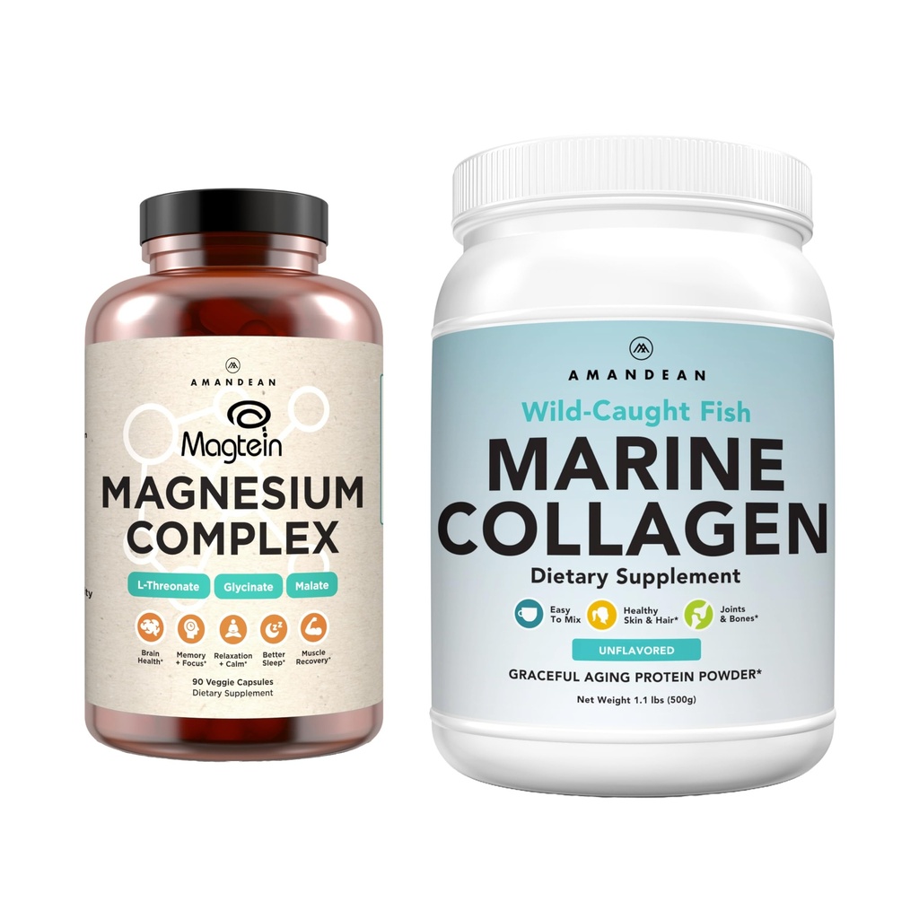 AMANDEAN Premium Magnesium Complex & Marine Collagen Bundle. Υψηλής απορρόφησης Θρεονικό μαγνήσιο, Γλυκινικό & Μηλικό. Υδρολυμένη πρωτεΐνη κολλαγόνου ψαριών. Υποστήριξη ποιότητας ύπνου, δέρματος & διάθεσης