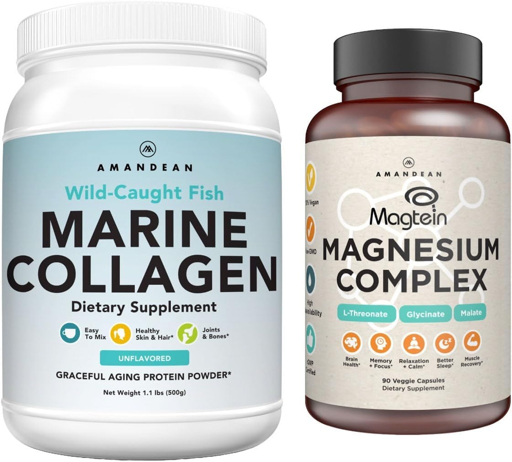 AMANDEAN Premium Magnezyum Kompleksi ve Marine Collagen Sche. Yüksek hacimli Magnezyum Threonate, Glycinate & Malate. Wild-Caught Hydrolyzed Fish Collagen protein. Quality Sleep, Skin & Mood