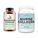 AMANDEAN Premium Magnesium Complex & Marine Collagen Bundle. Υψηλής απορρόφησης Θρεονικό μαγνήσιο, Γλυκινικό & Μηλικό. Υδρολυμένη πρωτεΐνη κολλαγόνου ψαριών. Υποστήριξη ποιότητας ύπνου, δέρματος & διάθεσης