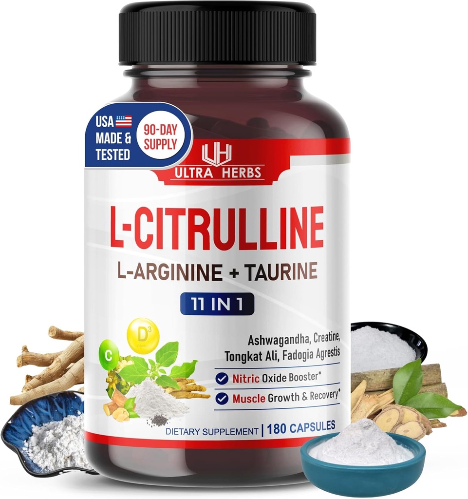 L-Citrulline Συμπληρώματα Καψάκια Εμπλουτισμένα με L-αργινίνη, Ταυρίνη, Creatine, Tongkat Ali, Fadogia Agrestis 