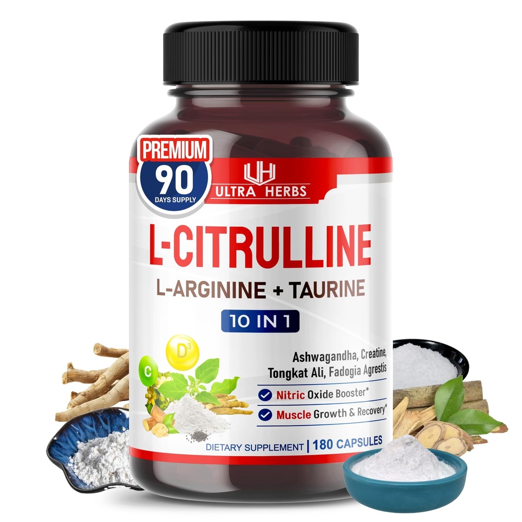 L-Citrulline Supplement Capsules Enriched with L-Arginine, Taurine, Creatine, Tongkat Ali, Fadogia Agrestis | Ultra Nitric Oxide Booster for Muscle Endurance, Stamina & Recovery | 180 Capsules