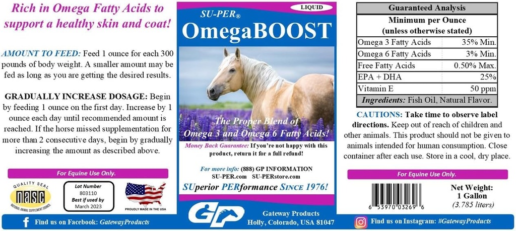 U-PER OmegaBOOST Fish Oil for Horses - Premium Omega 3 ve Omega 6 Fatty Asits Supplement - Sağlıklı Skin & Coat - 1 Gallonn