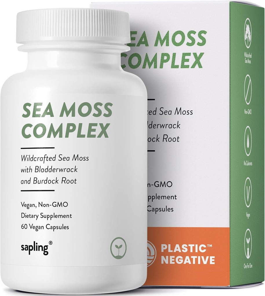 Deniz Moss Kompleksi - Organik İrlandalı Deniz Moss, Organik Bladderwrack, Organik Burdock Kök - Vahşi Deniz Moss Capsules. Vegan ve Non-GMO (60 Kont)