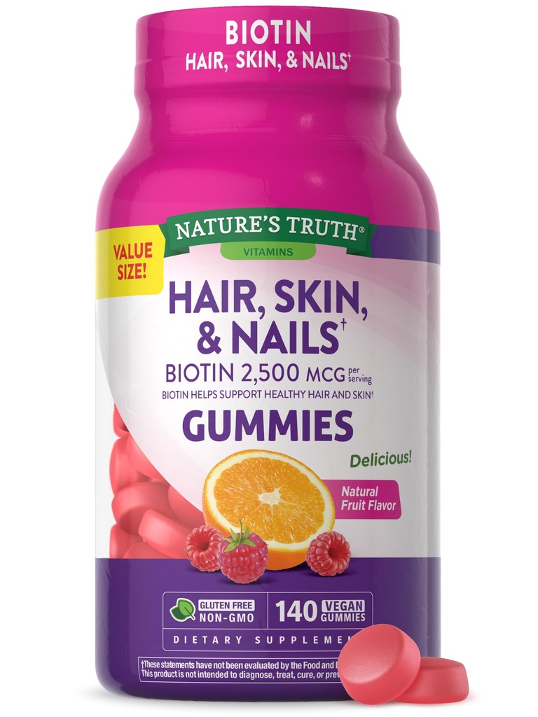 Nature's Truth Saç, Skin, and Nails Gummies | Biotin | 140 Kont | Meyve Flavor | Vegan, Non-GMO ve Gluten Free Vitamin for Men and Women