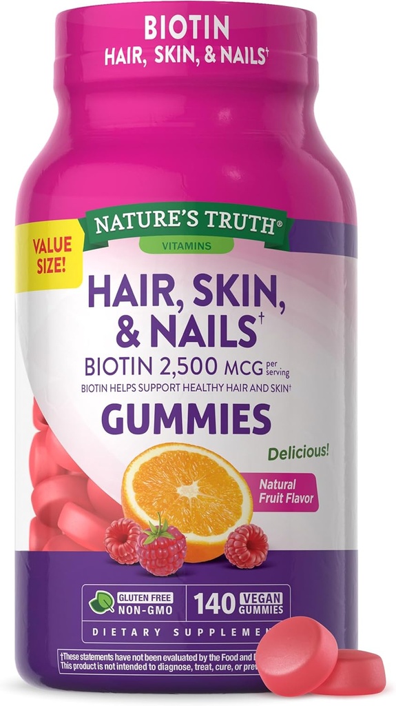 Nature's Truth Saç, Skin, and Nails Gummies | Biotin | 140 Kont | Meyve Flavor | Vegan, Non-GMO ve Gluten Free Vitamin for Men and Women