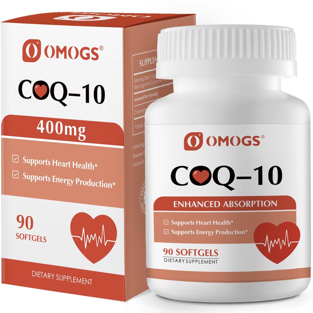 OMOGS CoQ10 400mg Softgels, Συνένζυμο Q10 Υψηλή Απορρόφηση Συμπληρώματα Υποστήριξη Καρδιά Υγεία, Καρδιαγγειακή Υγεία, Ανοσοποιητικό Σύστημα & Κυτταρική Παραγωγή Ενέργειας, Χωρίς Γλουτένη, 60 Softgels