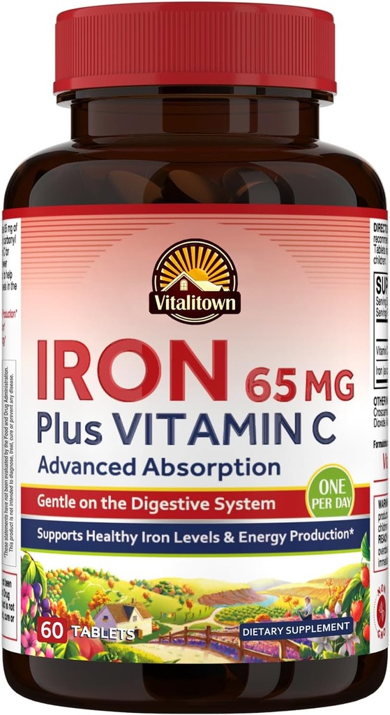 Vitalitown Iron Supplement for Women Men, Hign Potency 65mg Demir C 250 mg, Less Constipating, Better for Blood Building & Energy Improvement, No Gluten, Non-GMO 60 Vegan Demir Pills