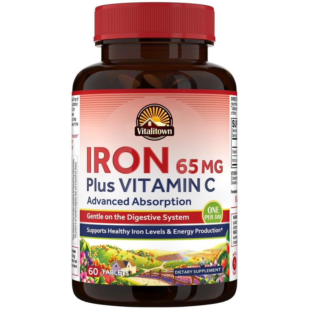 Vitalitown Iron Supplement for Women Men, Hign Potency 65mg Demir C 250 mg, Less Constipating, Better for Blood Building & Energy Improvement, No Gluten, Non-GMO 60 Vegan Demir Pills