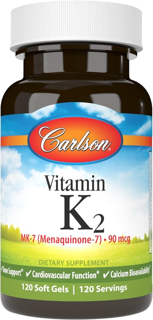 Carlson - Vitamin K2 MK-7 (Menaquinone), 90 mcg, Bone Support,dis Bioavailability, K2 Vitamin, K-2, 120 Softgels