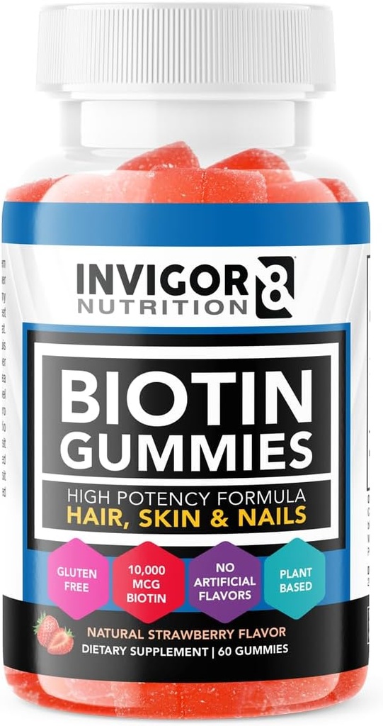 INVIGOR8 Biotin Gummies 1000006 | Saç Skin Nails Vitaminleri Kadınlar için Biotin Supplement & Çocuklar 500006 x2 | Vegan Kosher Halal | Strawberry Flavor | 60