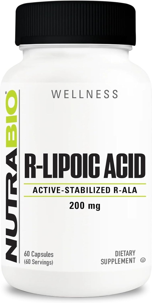 NutraBio R-Lipoic Acid Supplement, 200 mg -Active Stabilized R-ALA Supplement- Optimized Alfa Lipoic Acid Formula for Better Abors to Support Health and Wellness- 60 Capsules