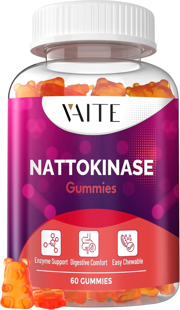VAITE Nattokinase Supplement 2000 FU (Fibrinoli Birimler) 100 mg - Enzyme Supplement, Vegan Formula, Destek Sağlık, Çift Güç, Non-GMO, Soy Free, Gluten Free, 60 Vegetarian Gummies