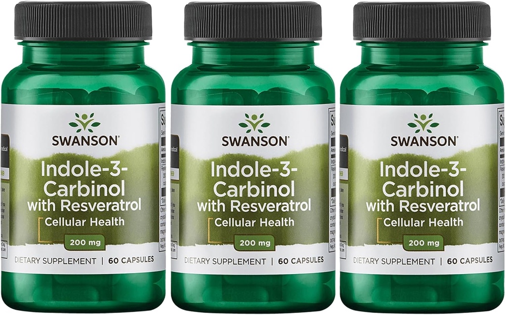 Swanson Indole-3-Carbinol με ρεσβερατρόλη - I3C συμπλήρωμα Προώθηση Κυτταρικής Προστασίας - Φυσικό συμπλήρωμα για να βοηθήσει τη διατήρηση της υγιούς ισορροπίας ορμονών - (60 κάψουλες, 200mg το καθένα) (3 Pack)