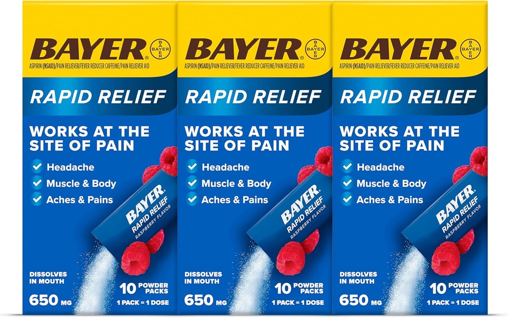 Bayer Hızlı Yardım Toz Paketi aspirin & Caffeine, Preache, Muscle and Body Pain, Raspberry Flavor (Pazarlama değişebilir), 3 x 10 Counting Pain Relief for Headache, Muscle and Body Pain, Raspberry Flavor (Pazarlama değişebilir)