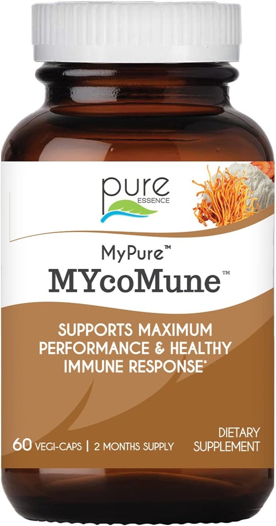 PURE ESSENCE LABS MYcoMune Immune Support Supplement - Concentrated Organic Mushroom Powder Extract - Reishi, Lion's Mane, Cordyceps, Chaga, Shiitake, Maitake - 60 Caps