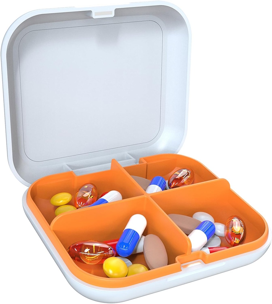 Pill Box Portable Pill Dispensing Box, Travel Portable Pill Box, 4-Compartment Daily Portable Pill Organizer, Vitaminler için Uygun, Tıplar, Balık Yağı (Beyaz+Orange)