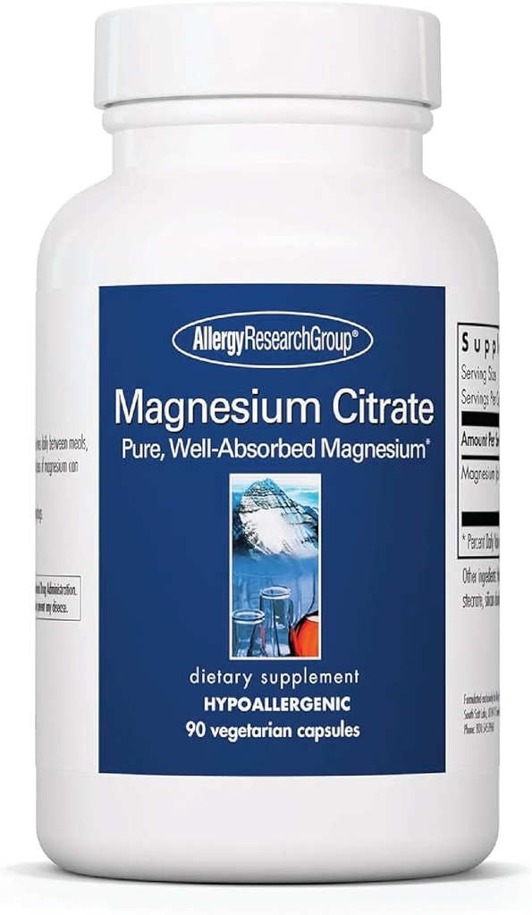 Ομάδα Έρευνας Αλλεργίας Magnesium Citrate Dietary Supplement - Υποστήριξη Οστών & Στρες, Απορροφημένα, Υποαλλεργικά, Χορτοφαγικά Κάψουλες - 90 Count