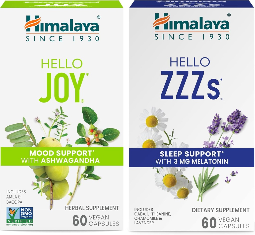 Himalaya Γεια σας Χαρά με Ashwagandha για τη βελτίωση Mood και πνεύματα & Γεια σας ZZZs με μελατονίνη για υποστήριξη ύπνου, 60 κάψουλες κάθε - Bundle