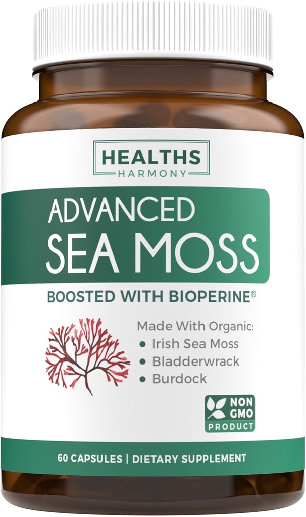 Organic Irish Sea Moss Capsules - Organic Sea Moss Capsules with Bladderwrack Burdock Root and Black Pepper Extract for Enhanced Absorption - Vegan Non-GMO & Made in The USA (1 Month Supply)