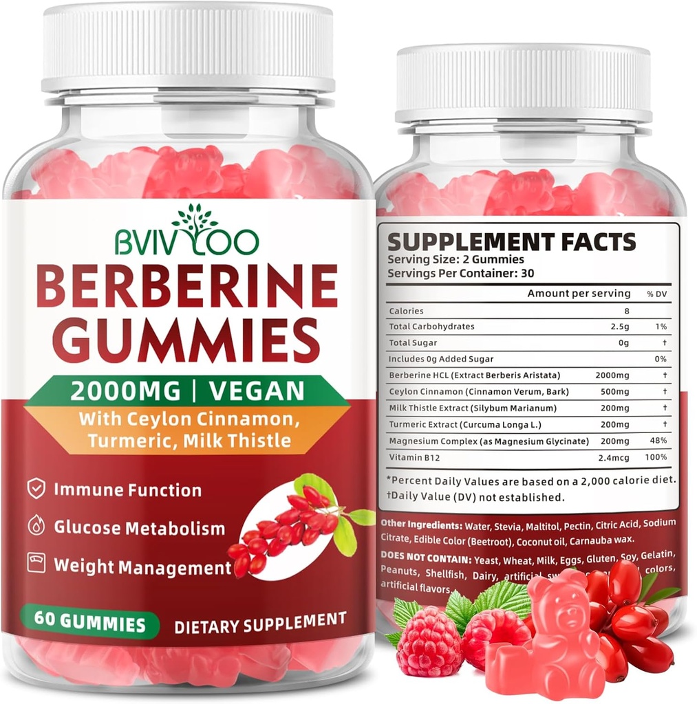 Premium berberine Gummies, 2000mg υψηλής ισχύος συμπλήρωμα berberberine HCI, Plus Ceylon Κανέλα, γαϊδουράγκαθο γάλακτος για γυναίκες & άνδρες, ανοσοποιητικό σύστημα & υποστήριξη μεταβολισμού - 60 Gummies