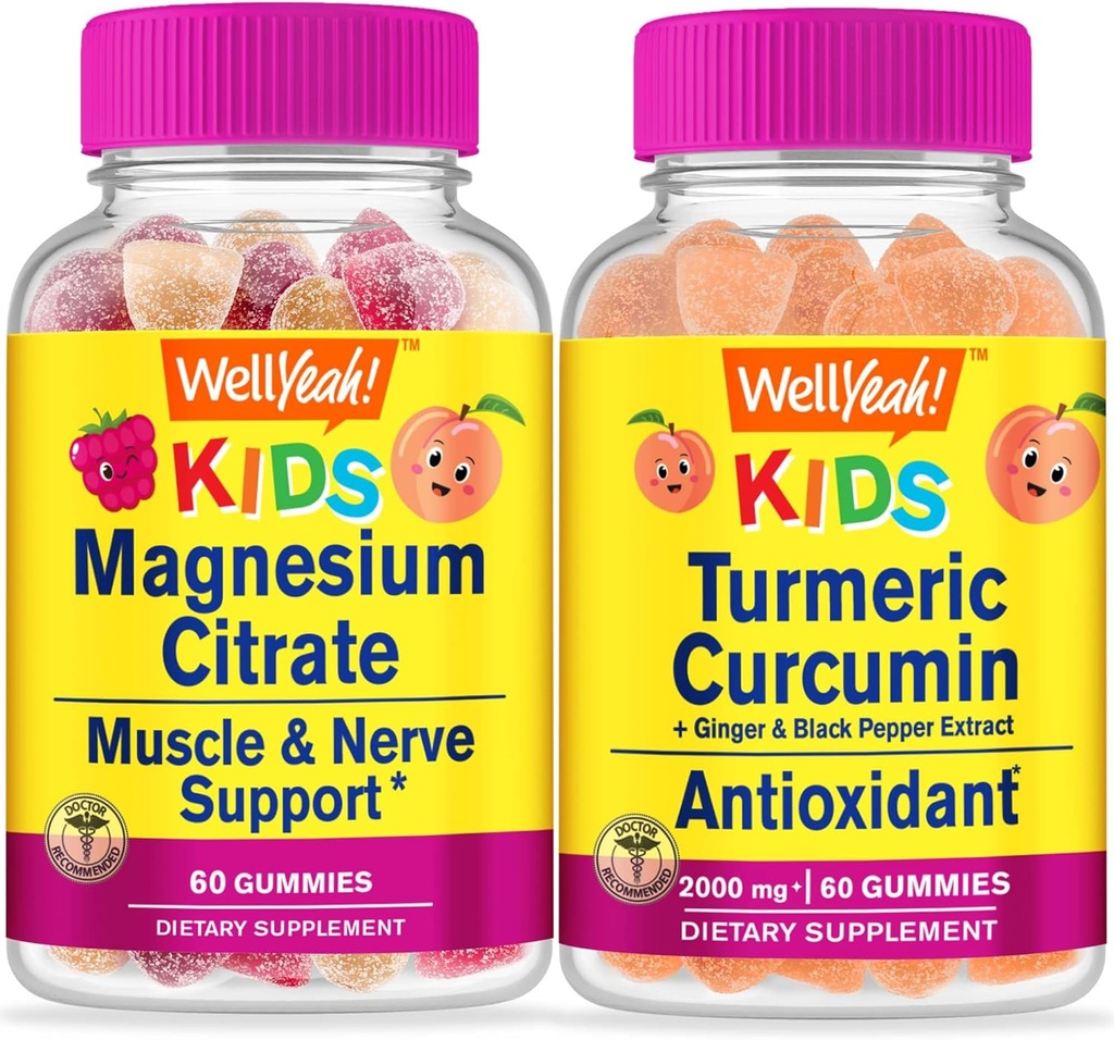WellEvet Magnezyum Citrate Kids + Turmeric Curcumin Kids, Gummies Sche - Great Tasting, Vitamin Supplement, Gluten Free, GMO Free, Chewable Gummy