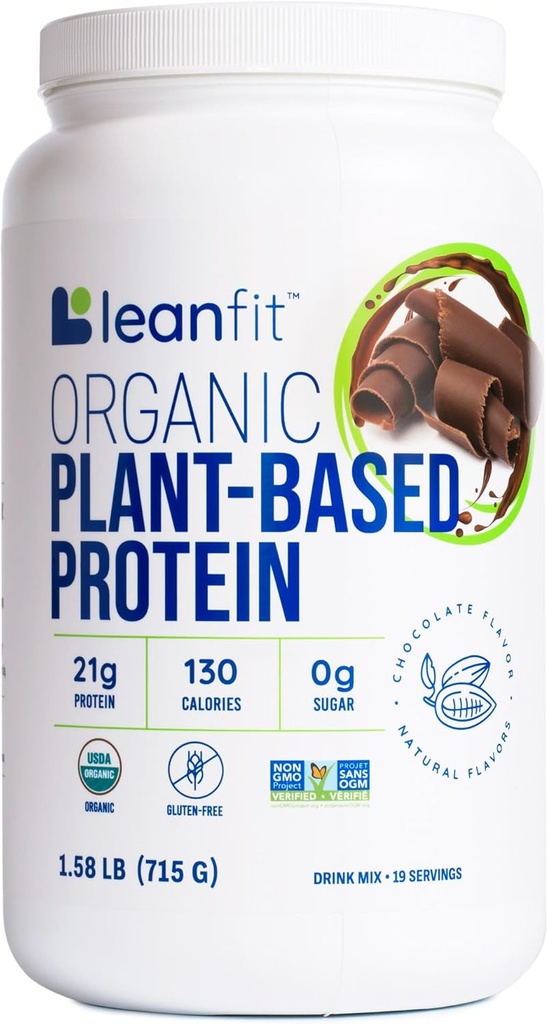 LeanFit Organik Bitki Tabanlı Protein Toz, Doğal Çikolata Flavor - Vegan, USDA Organik Onaylanmış, Soy-Free, Gluten-Free, Dairy-Free, Sugar-Free, Non-GMO - 21g Protein, 18 Hizmet, 1.58 Pound Tub