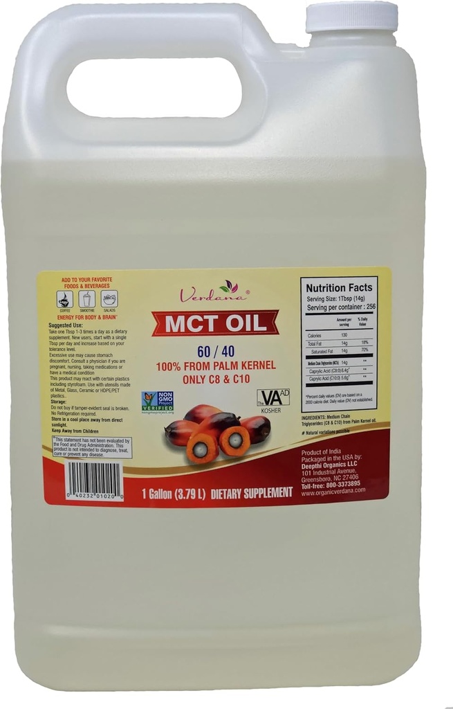 Verdana Food Grade MCT Oil – 1 Gallon (128 Fl Oz) – Premium C8/C10 Triglycerides – Keto & Paleo Friendly – Non-GMO, Kosher – Enerji için Güvenilen Marka, Spor Beslenme, Aromaterapi ve Masaj