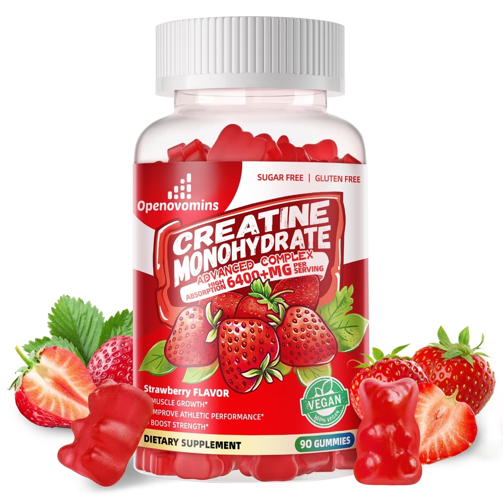 Creatine Monohydrate Gummies Complex για άνδρες & γυναίκες -Προηγμένη Φόρμουλα W/L-Taurine + Βιταμίνη B12, συμπλήρωμα χωρίς ζάχαρη μασώμενα, 90 Gummies Φράουλα