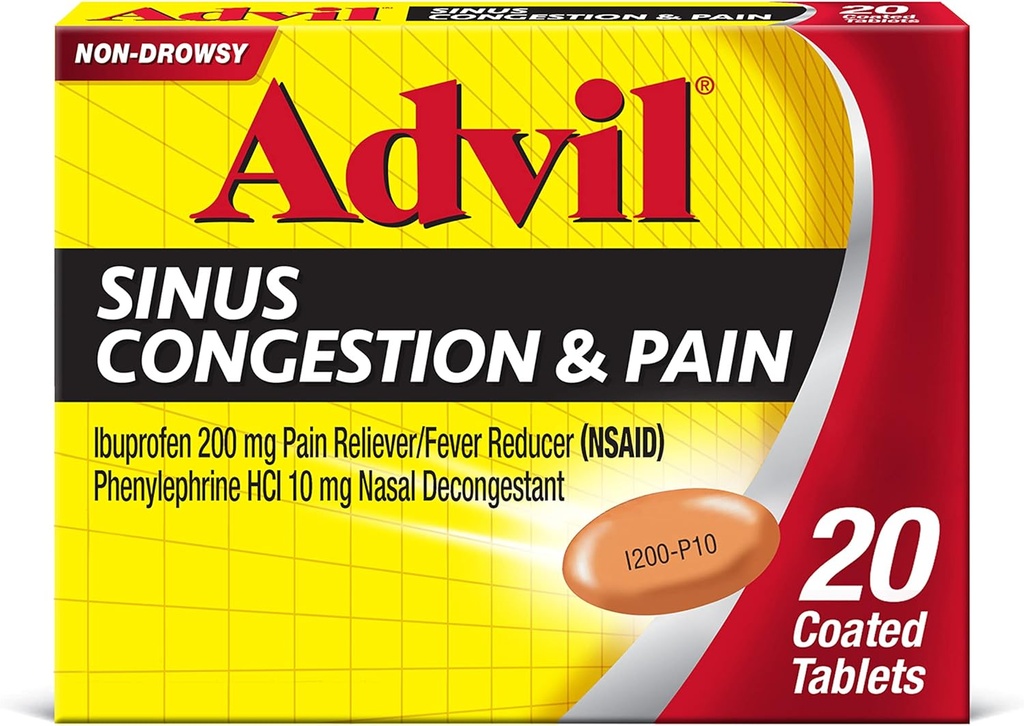 Advil Sinus Congestion ve Pain, Sinus Relief Medicine, Pain Reliever ve Ibuprofen ve Phenyleph HCl - 20 Kaplamalı Tabletler