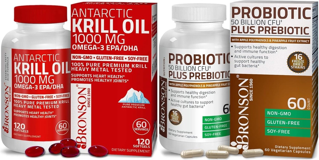Bronson Probiotic 50 Billion CFU + Prebiotic with Apple Polyphenols & Pineapple Fruit Extrac Antarctic Krill Oil 1000 mg with Omega-3s EPA DHA