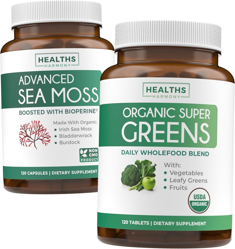 Ιρλανδική Θάλασσα Moss & Βιολογικό Super Greens (2-Month Supply) Moss & Greens Combo - Βιολογικό Ιρλανδικό Seamoss - Ακατέργαστο Vegan Superfood (120 Caps) & Βιολογικό Πράσινο Σκόνη με 28 Φρούτα & Λαχανικά (120 Caps)