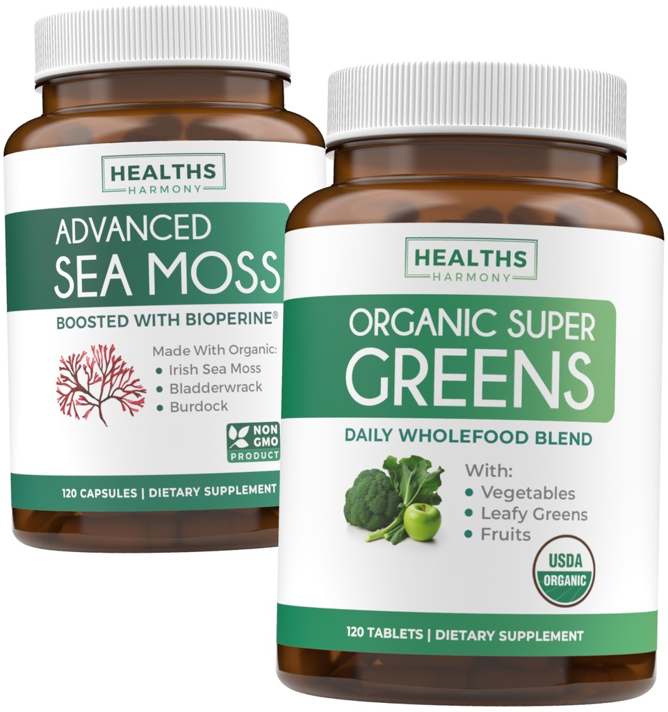 Irish Sea Moss & Organic Super Greens (2-Month Supply) Moss & Greens Combo - Organic Irish Seamoss - Raw Vegan Superfood (120 Caps) & Organic Greens Powder with 28 Fruits & Vegetables (120 Caps)