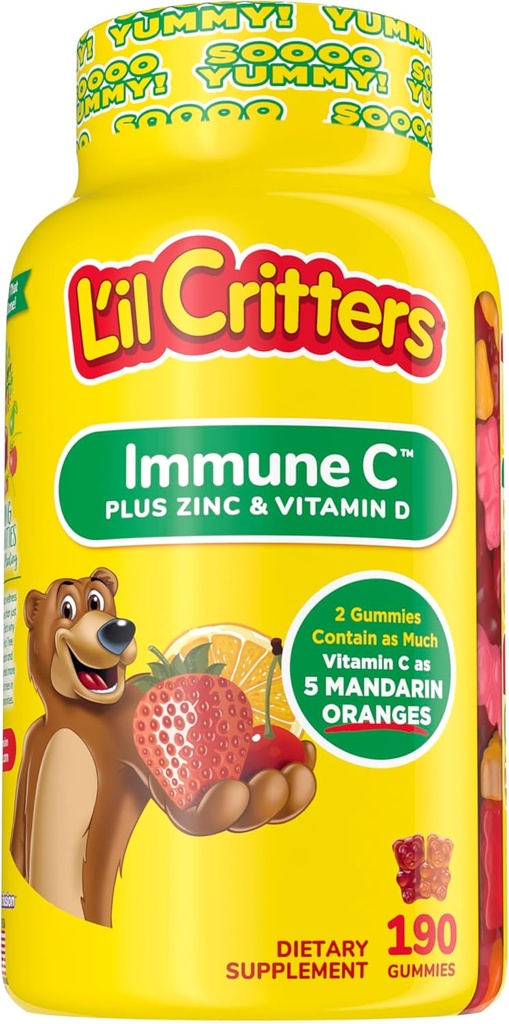 L'il Critters Kids Immune C Gummy Supplement with Vitamin C, Zinc and Vitamin D3 for Immune Support, 190 ct (95-190 ημέρα προσφοράς), 4 νόστιμες γεύσεις από το Νούμερο One Gummy Vitamin Brand της Αμερικής