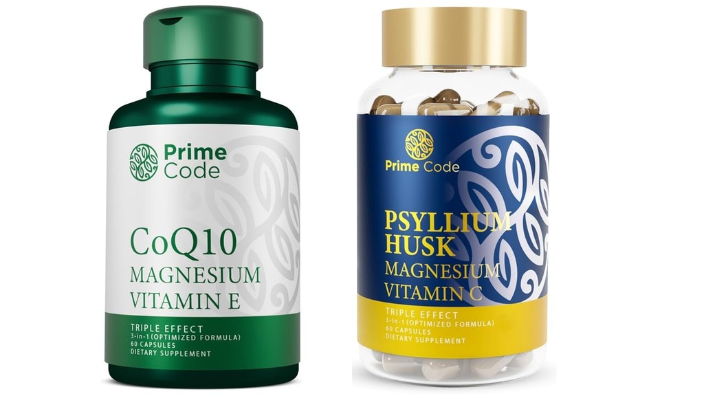 Prime Code CoQ10 250mg with Glycinate and Vitamin E, Psyllium Husk Capsules with Magnezyum Citrate and Vitamin Citrate