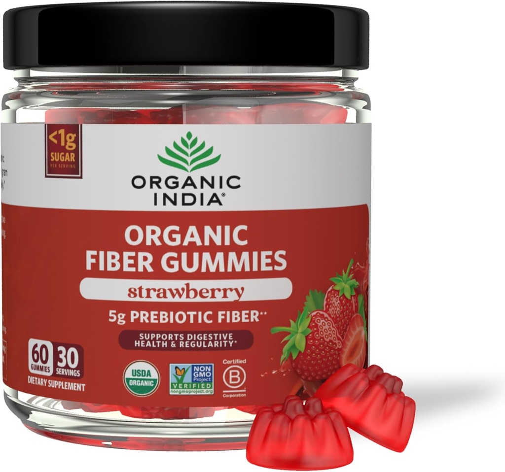 ORGANIC INDIA Fiber Gummies for Yetişkinler - Prebiyotik Fiber, Diyet Tamam, Men & Women, Vegan, Low Sugar, Non-GMO - Strawberry, 60 Gummies