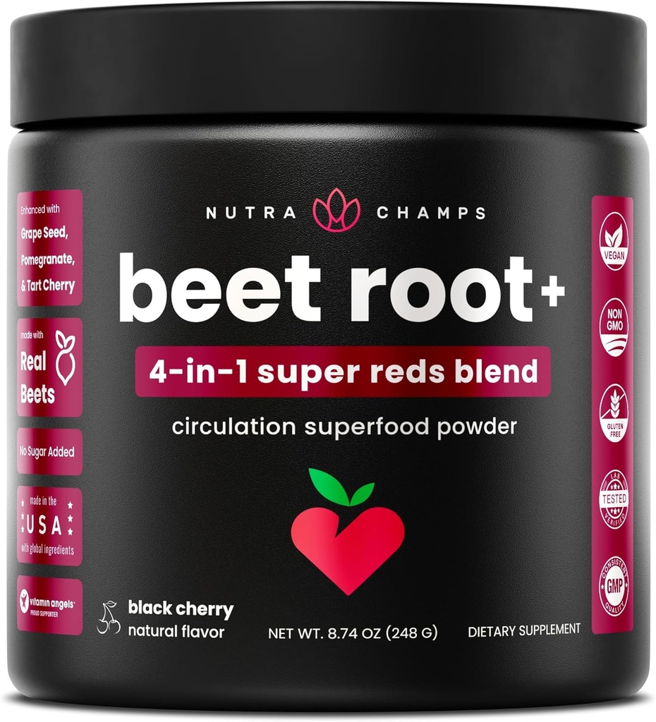 NutraChamps Beet Root Toz Circulation Supplement, Superfood Toz Nitrik Oksit with Beetroot Juice, Super Reds & Grape Seed Extract, No Sugar Beet Supplement - 8.74 Oz