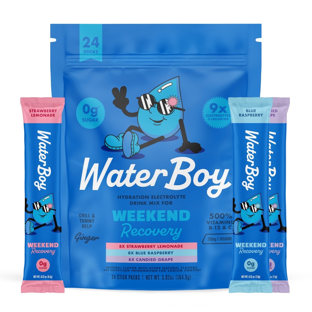 Waterboy Weekend Recovery Diversity | 3,200 mg Electrolyte Toz Paketleri | Ginger + L-Theanine + Vitaminler | No Sugar, All Natural, Gluten Free | 24 Iklim Mixes (Variety Pack)