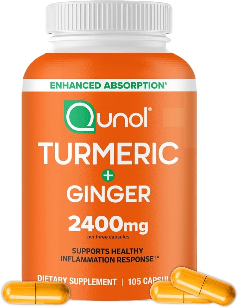 Qunol Turmeric Curcumin with Black Pepper & Ginger, 2400 mg Turmeric Extract with 95 Curcuminoids, Ekstra Güçlü Tamam, Geliştirilmiş Aborpsiyon, Ortak Destek Tamam, 105 Count