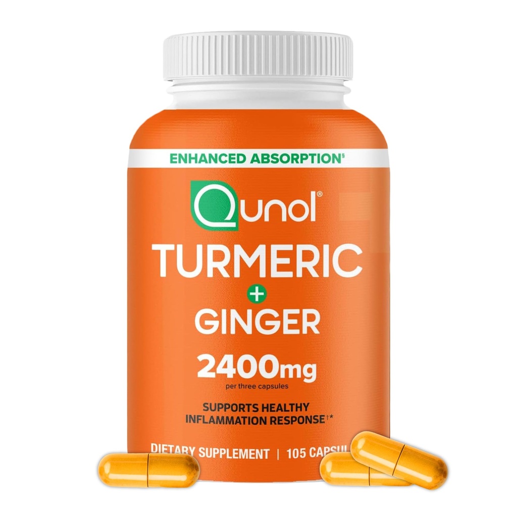 Qunol Turmeric Curcumin with Black Pepper & Ginger, 2400 mg Turmeric Extract with 95 Curcuminoids, Ekstra Güçlü Tamam, Geliştirilmiş Aborpsiyon, Ortak Destek Tamam, 105 Count