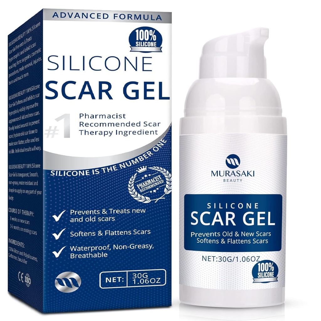 100% Silicone Scar Gel Scar Cream - Advanced Scar Gel for Surgical Scars, C-Section, Stretch Marks, Acne, Injury, Burns, Keloids, Old and New Scars 1.06oz(30g) (Maximum Strength 100% Silicone)