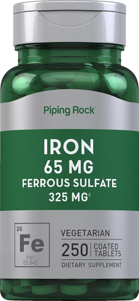 Piping Rock Iron Ferrous Sulfate 65 mg | 250 Tablet | Demir Tamam | Yüksek Potency Formula | Vegetarian, Non-GMO, Gluten Free