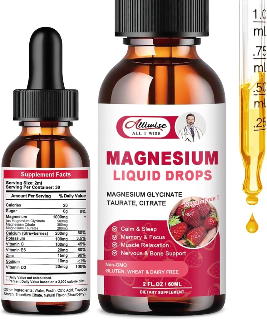Yüksek Aborpsiyon Magnezyum Sıvı Supplement 1000MG, Magnezyum Glycinate 500MG ile Kompleksi, Bio-Availability içinTaurate. One Supplement-Strawberry Flavor'da 3 TOP Magnezyum