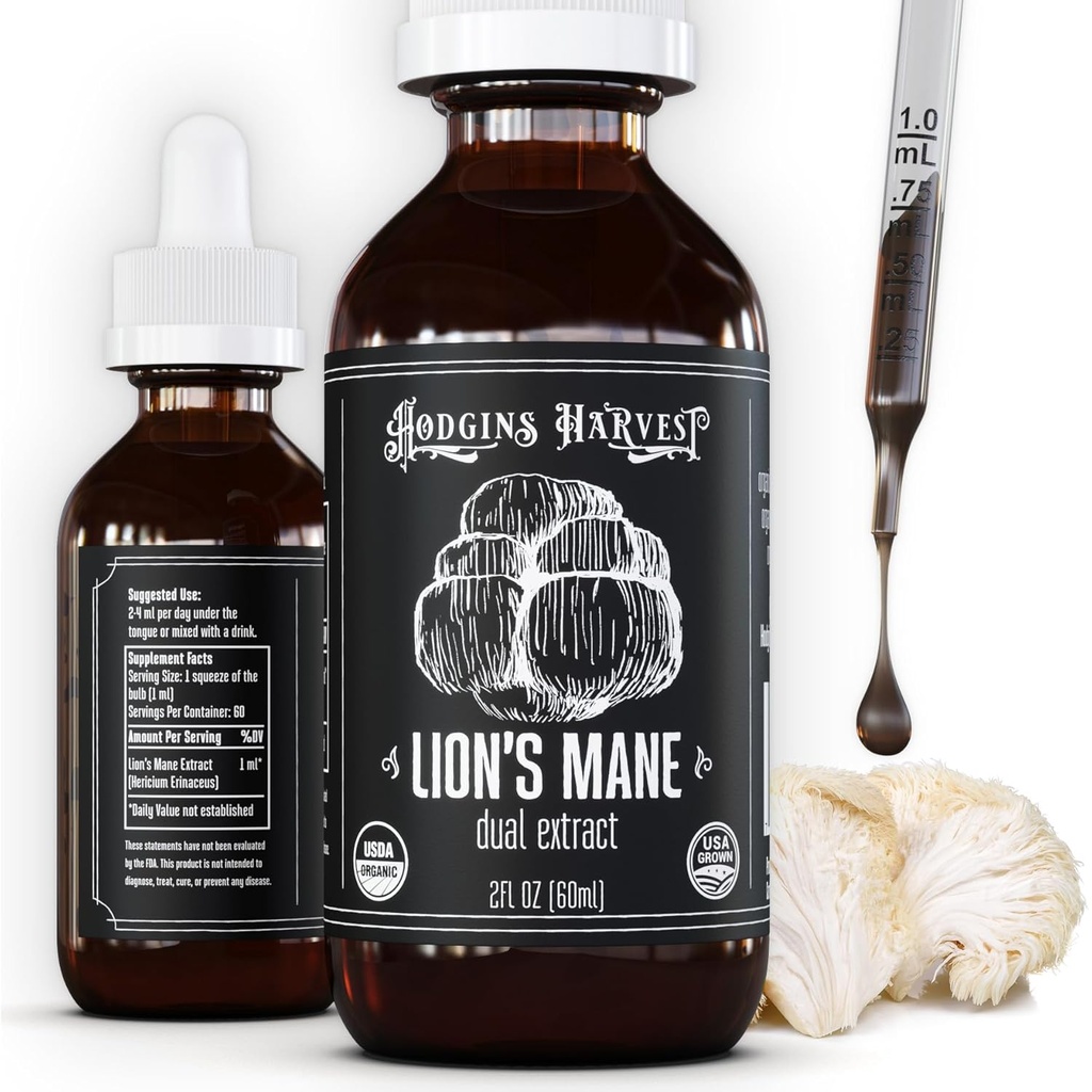 Hodgins Harvest Organic Lion's Mane Fruiting Body Extract Βάμμα - Mushroom Supplement for Brain Health and Mental Focus - Dual Extract Formula - Επιπλέον συμπυκνωμένο - 2 fl oz μπουκάλι