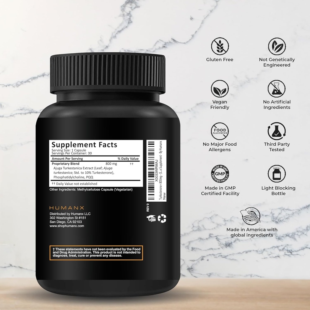 HUMANX Turkesterone+ 800 mg - ABD Üçüncü Partisi ( Ecdysterone) için Muscular Development & Dynamic Athletic Performansı - Doğal Makyaj - GMO, Vegan - Turkesterone Supplement