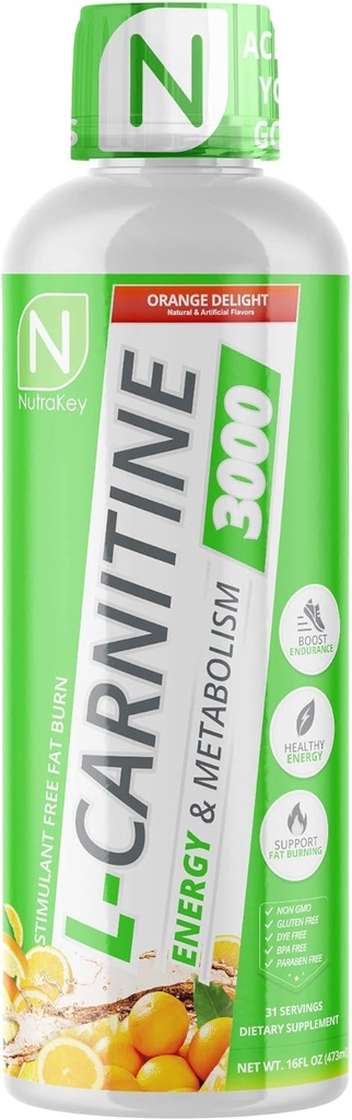 NutraKey L-καρνιτίνη 3000mg, Χωρίς ζάχαρη, Χωρίς γλουτένη, Γυρίστε σε καύσιμα, (Orange Delight) 31 εξυπηρετούν